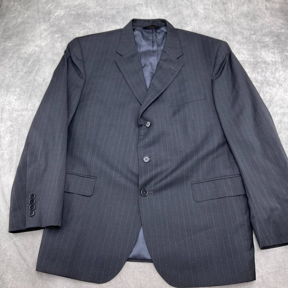 Jos A Bank Blazer Men 44R Gray Chalk Stripe Signature Gold Wool‎ Classic Jacket